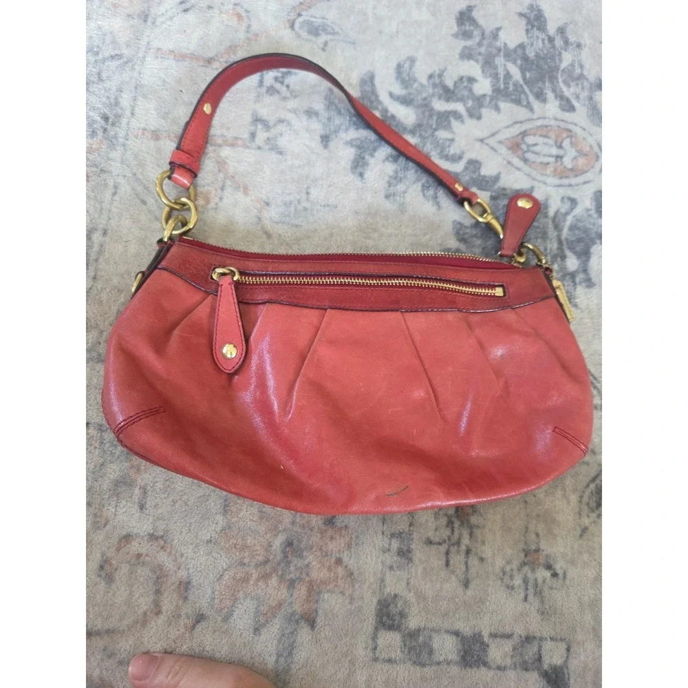 Coach Madison 12944 Coral Red Pleated Leather Hobo Shoulder Bag Purse Brass...
